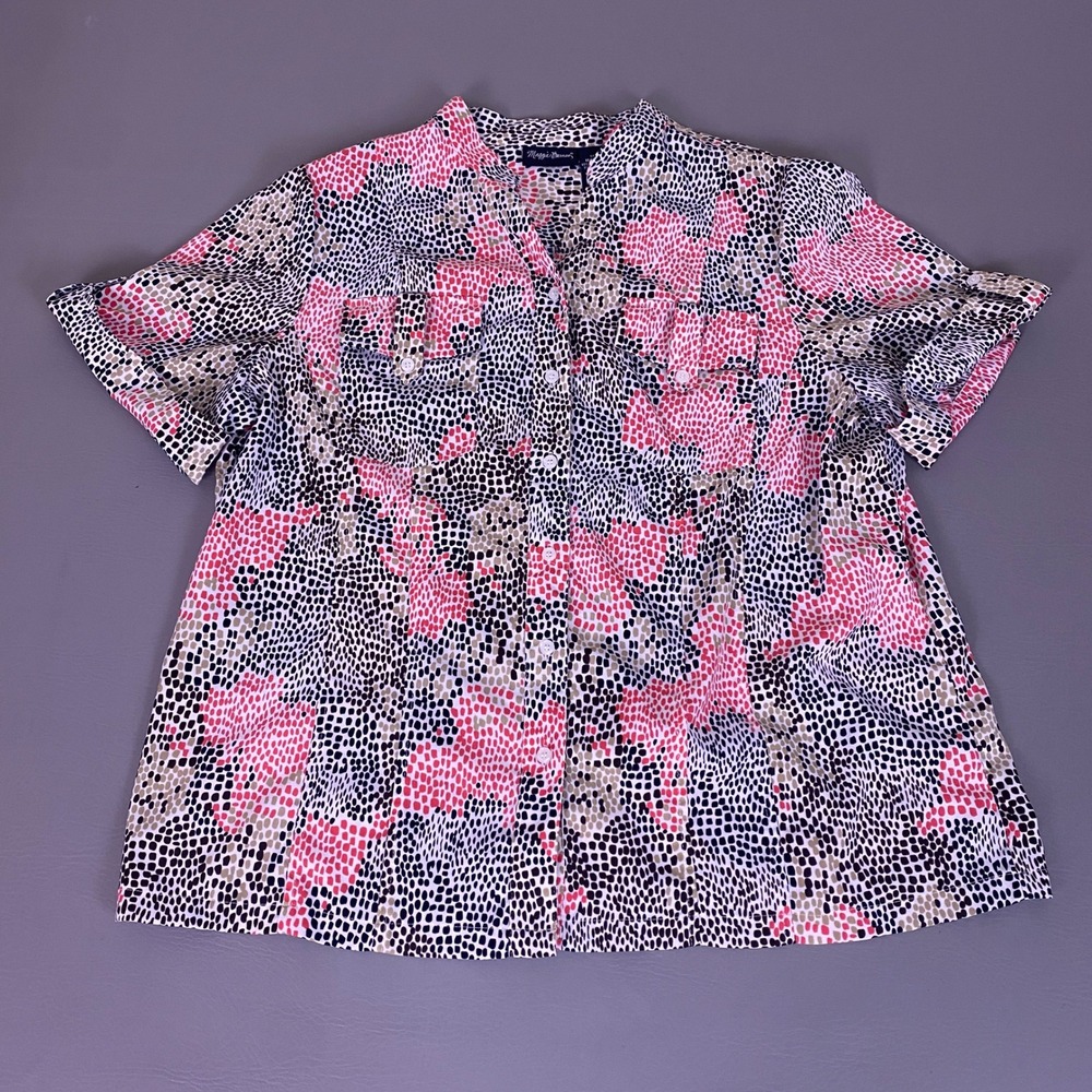 Maggie Barnes Blouse Womens 1X Pink Black Abstract Dot Button Front Short Sleeve